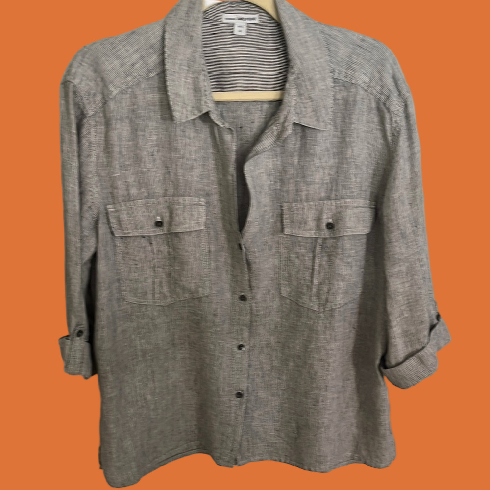 James Perse Black and White Striped Linen Button Down